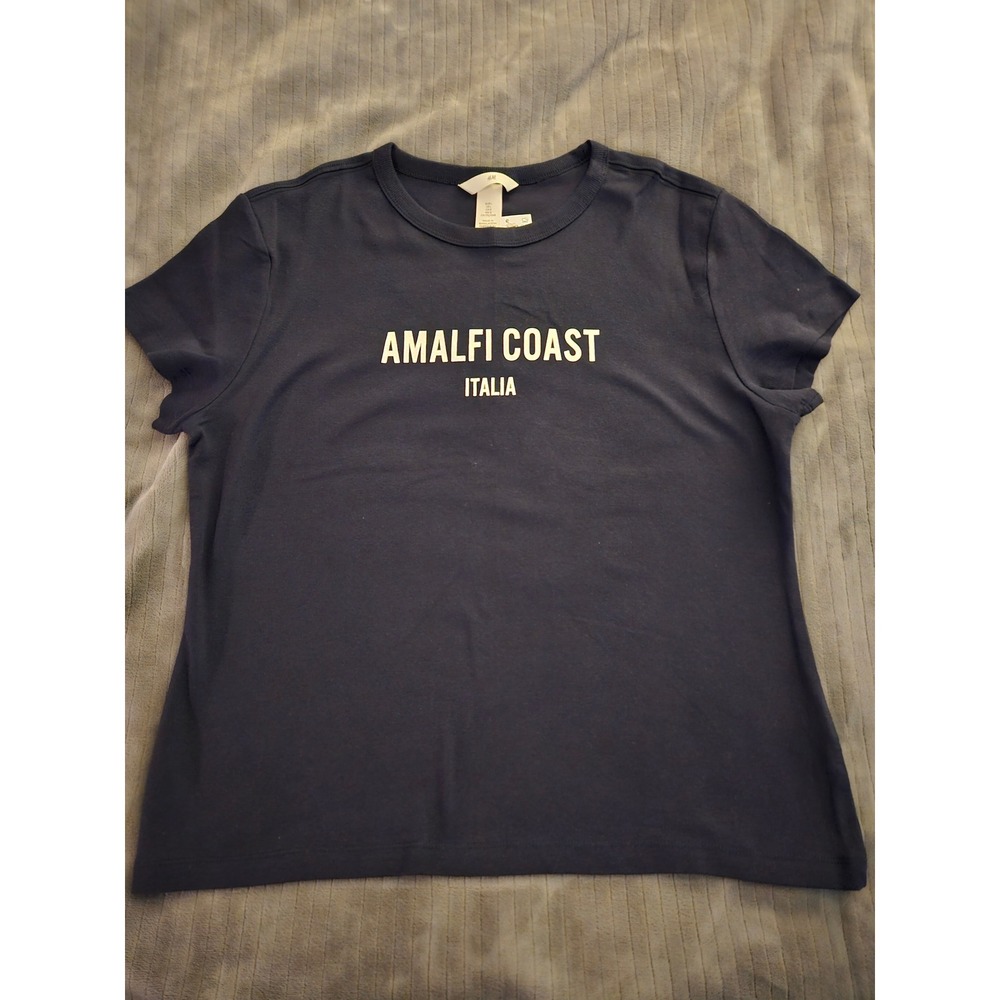 H&M Amalfi Coast Italia Graphic Tee Navy Blue Cotton Blend Short Sleeve Shirt L